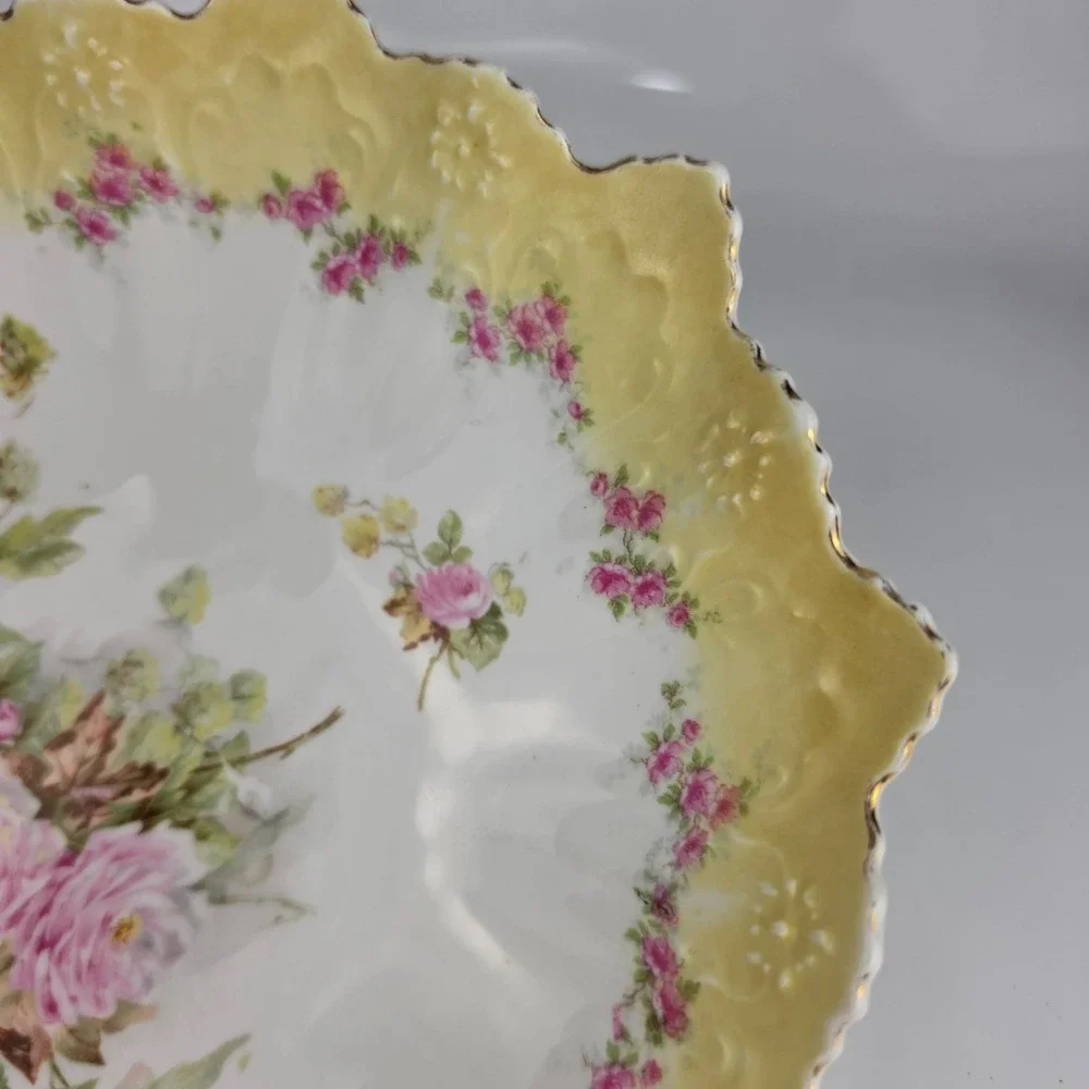 Antique Austria STAR Porcelain Bowl Yellow Rose Scalloped‎ Embossed Gold Gilt